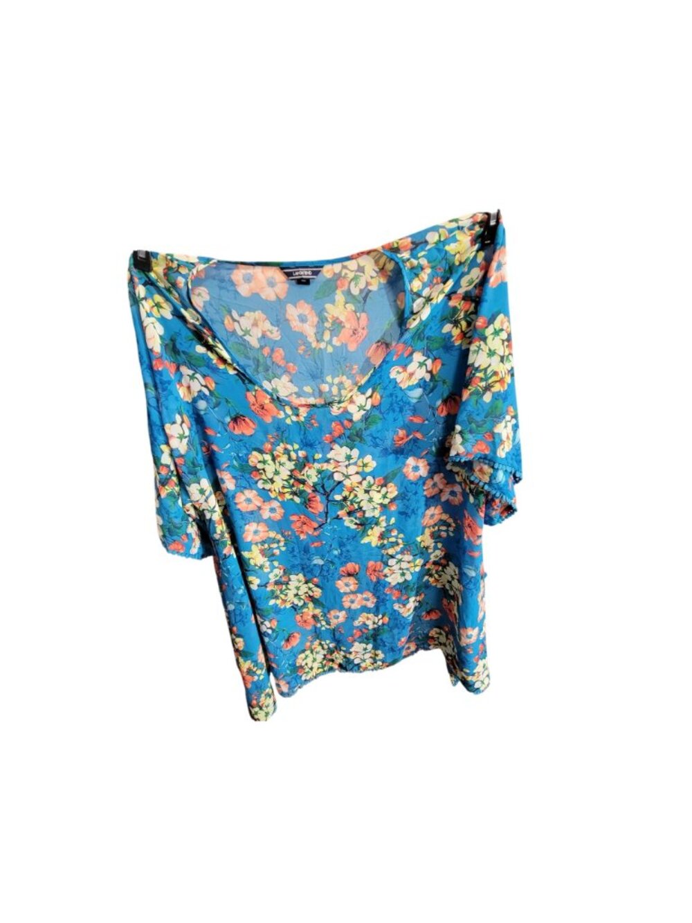 Lands' End womens Floral Sheer Blue Kimono Top With Pom Pom Trim Lightweight - Picture 6 of 10